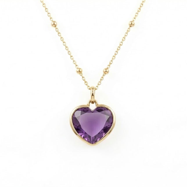 18K Yellow Gold Amethyst Heart Chain Necklace