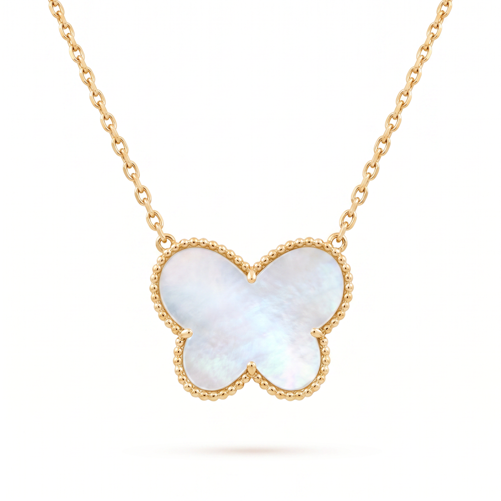 18K Yellow Gold Mother Of Pearl Butterfly Necklace
