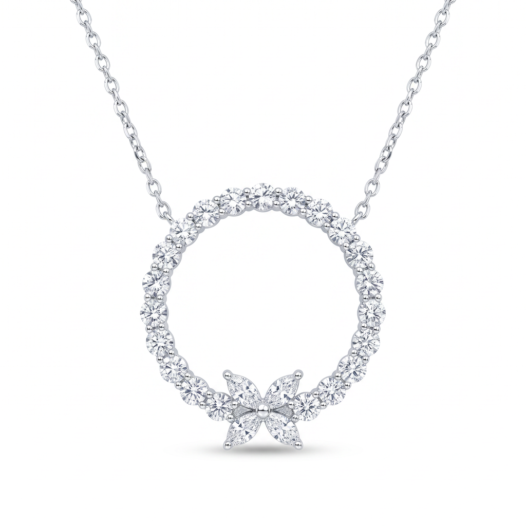 Lab Diamond White Gold Circle Butterfly Necklace
