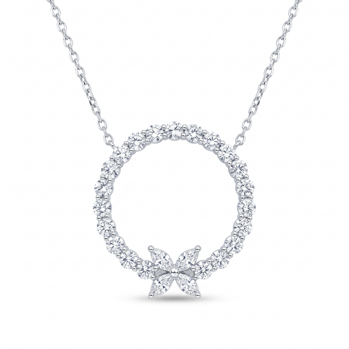 Lab Diamond White Gold Circle Butterfly Necklace
