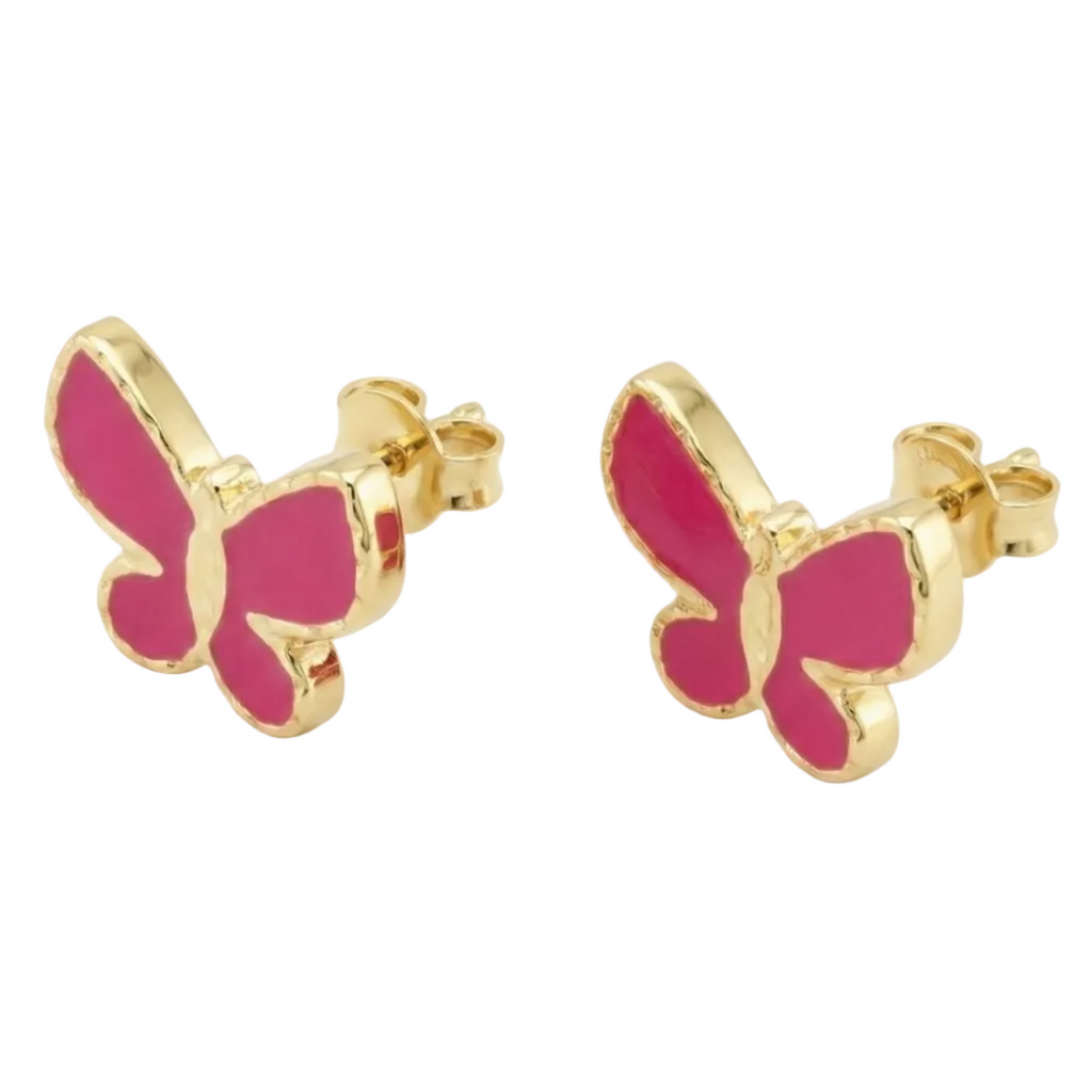 18K Yellow Gold Pink Enamel Butterfly Stud Earrings