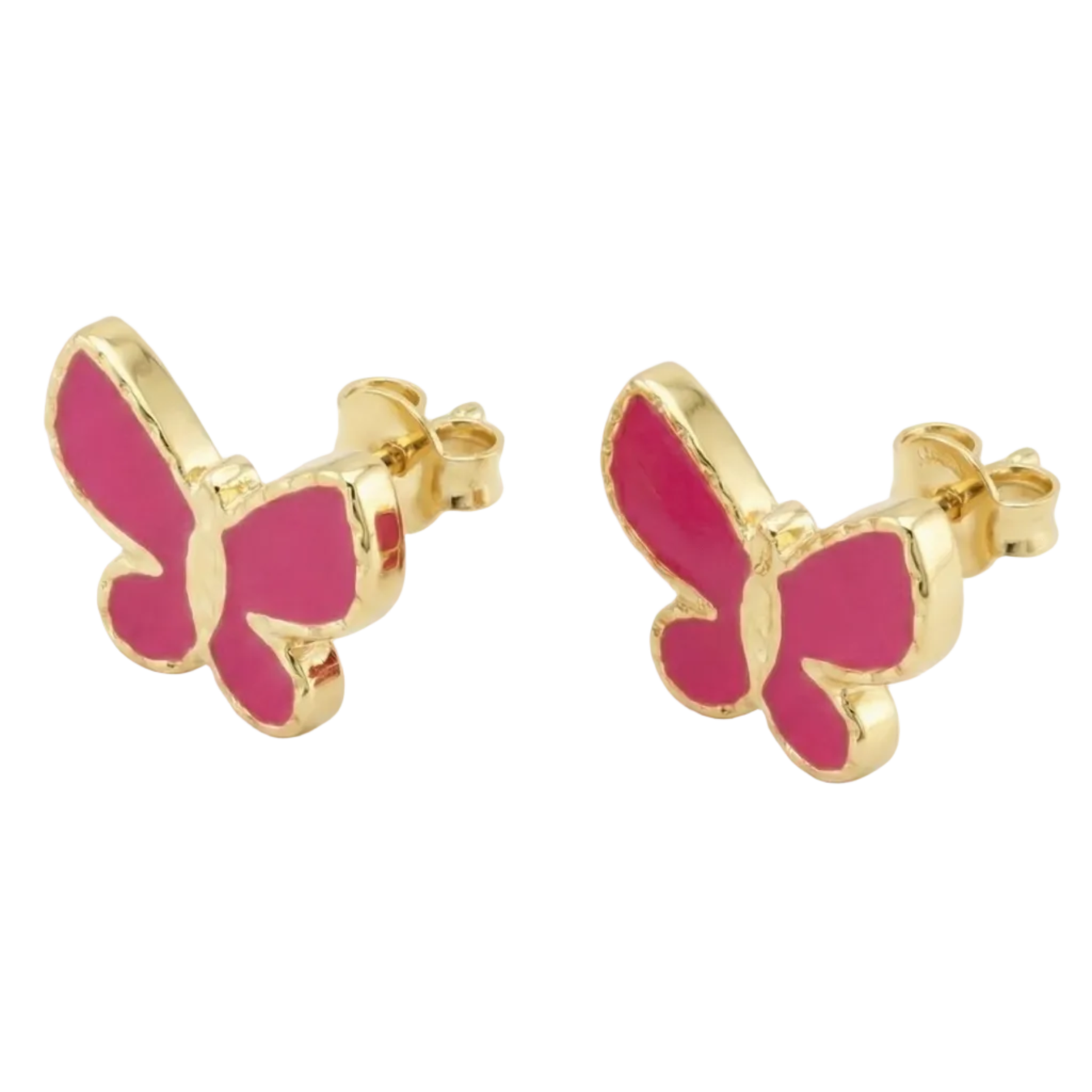 18K Yellow Gold Pink Enamel Butterfly Stud Earrings