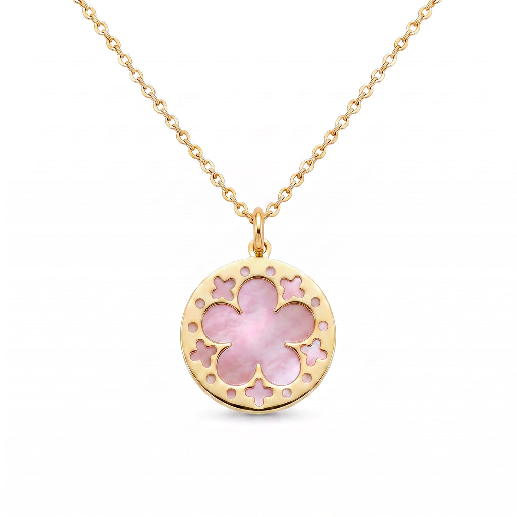 18K Yellow Gold Reversible Mother Of Pearl Flower Necklace