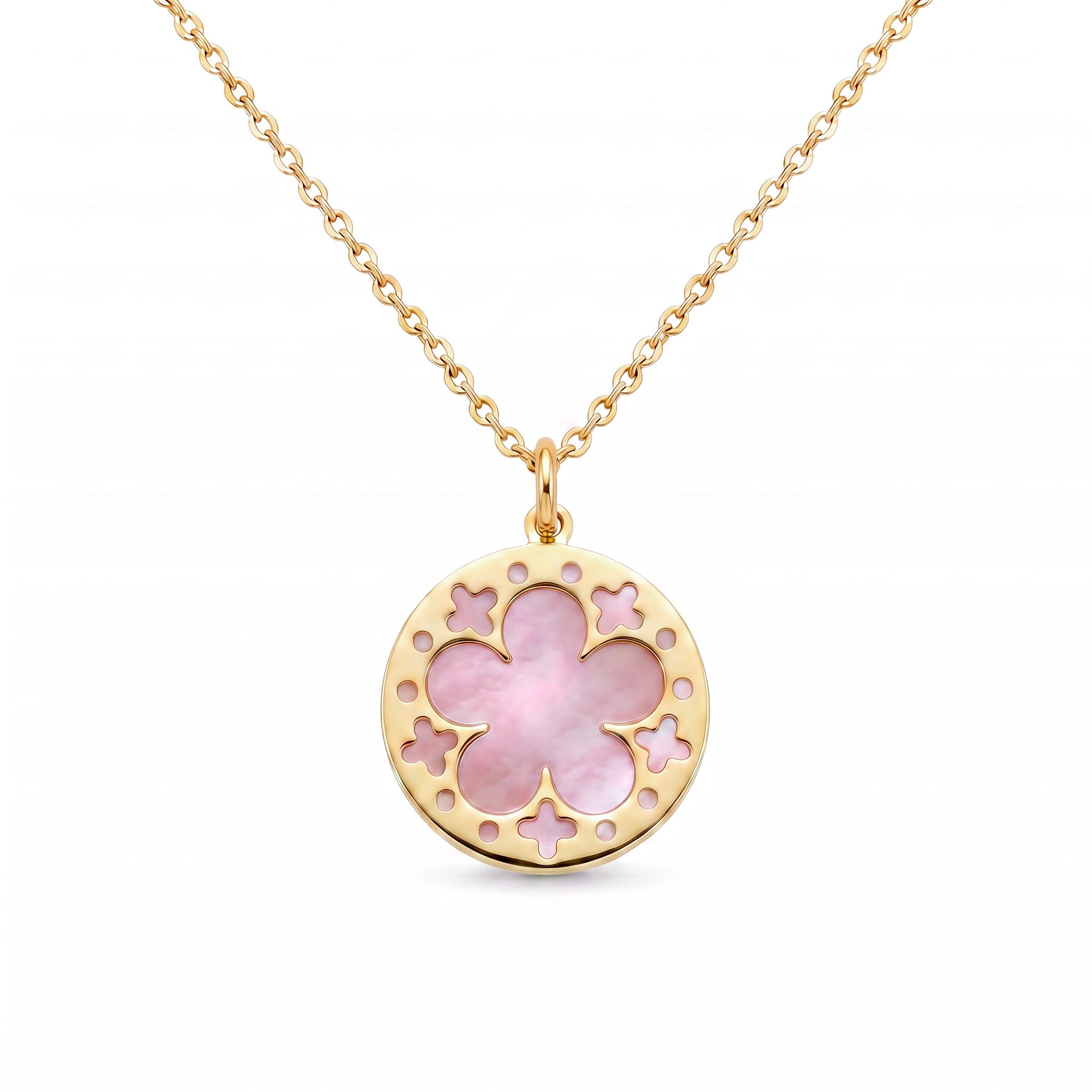 18K Yellow Gold Reversible Mother Of Pearl Flower Necklace