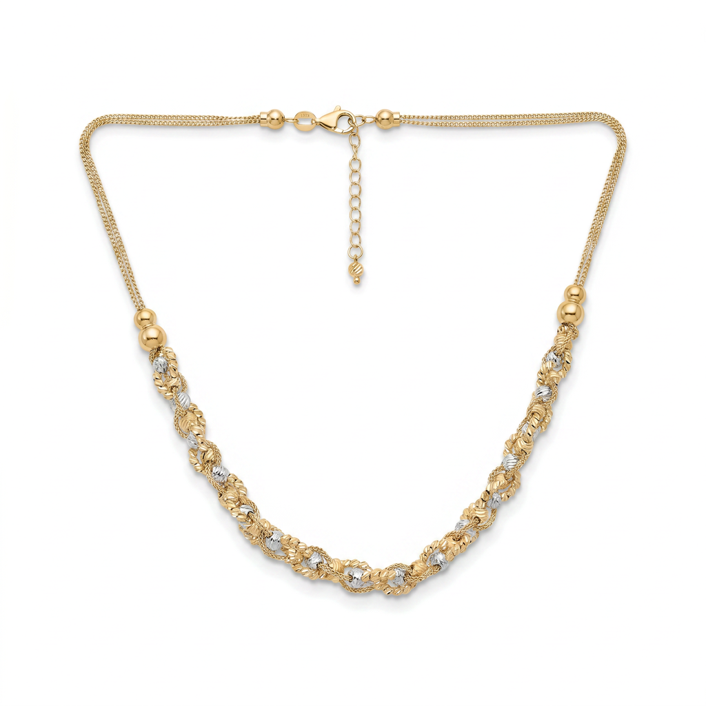 18K Two Tone Gold Double Chain Beaded Necklace
