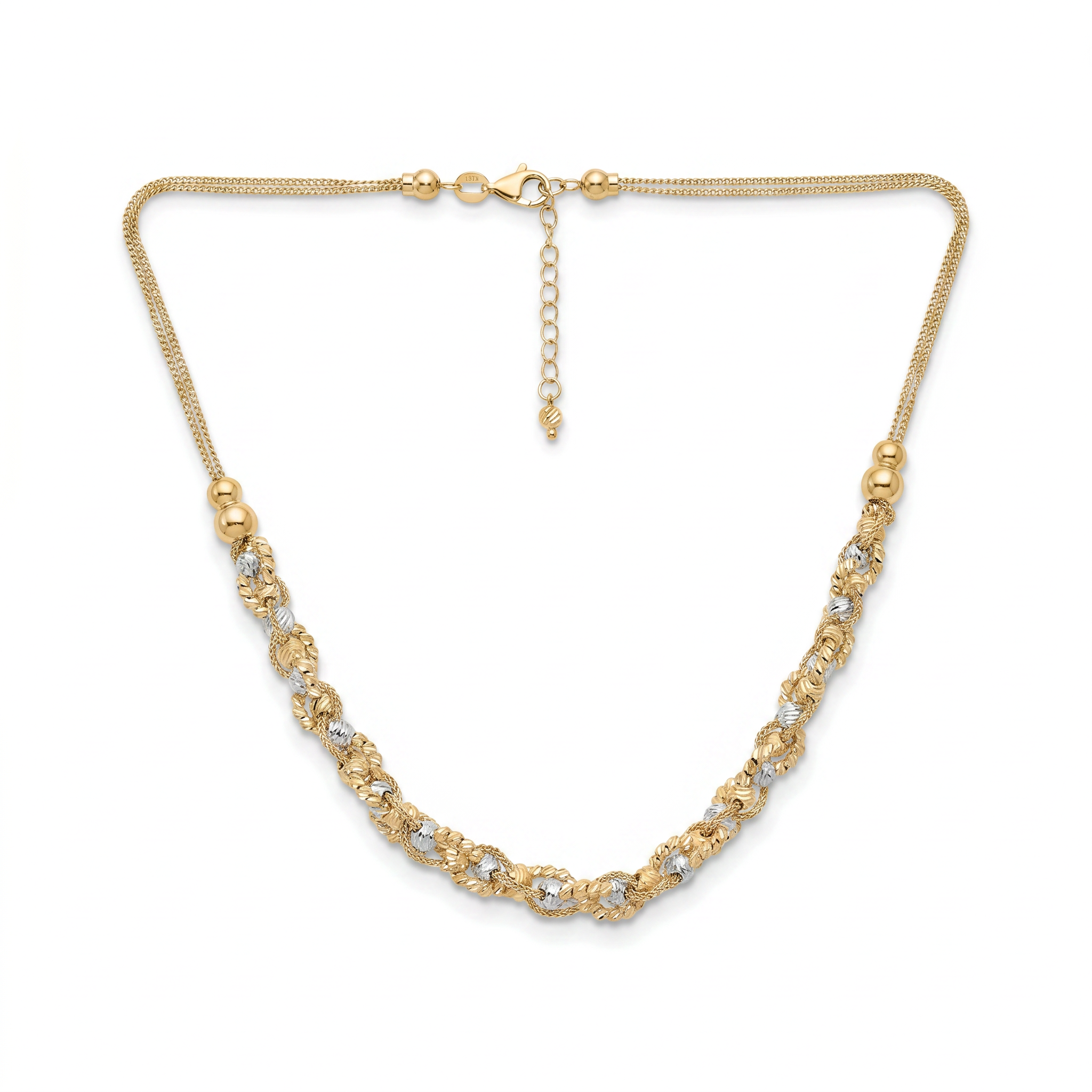 18K Two Tone Gold Double Chain Beaded Necklace