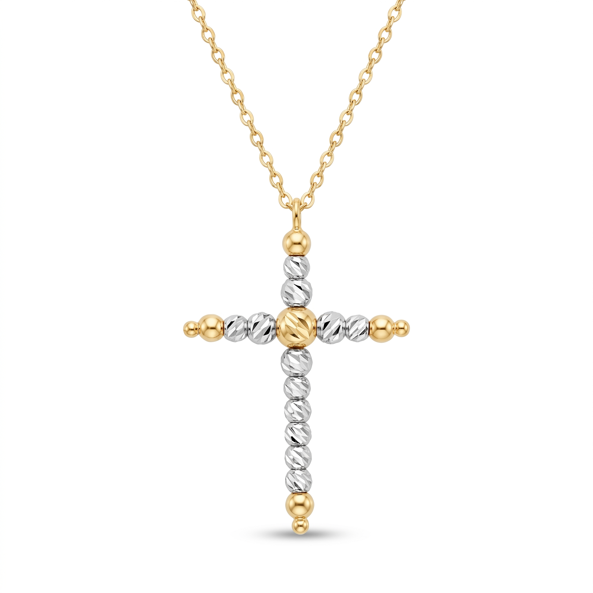 18K Two Tone Gold Cross Beaded Necklace