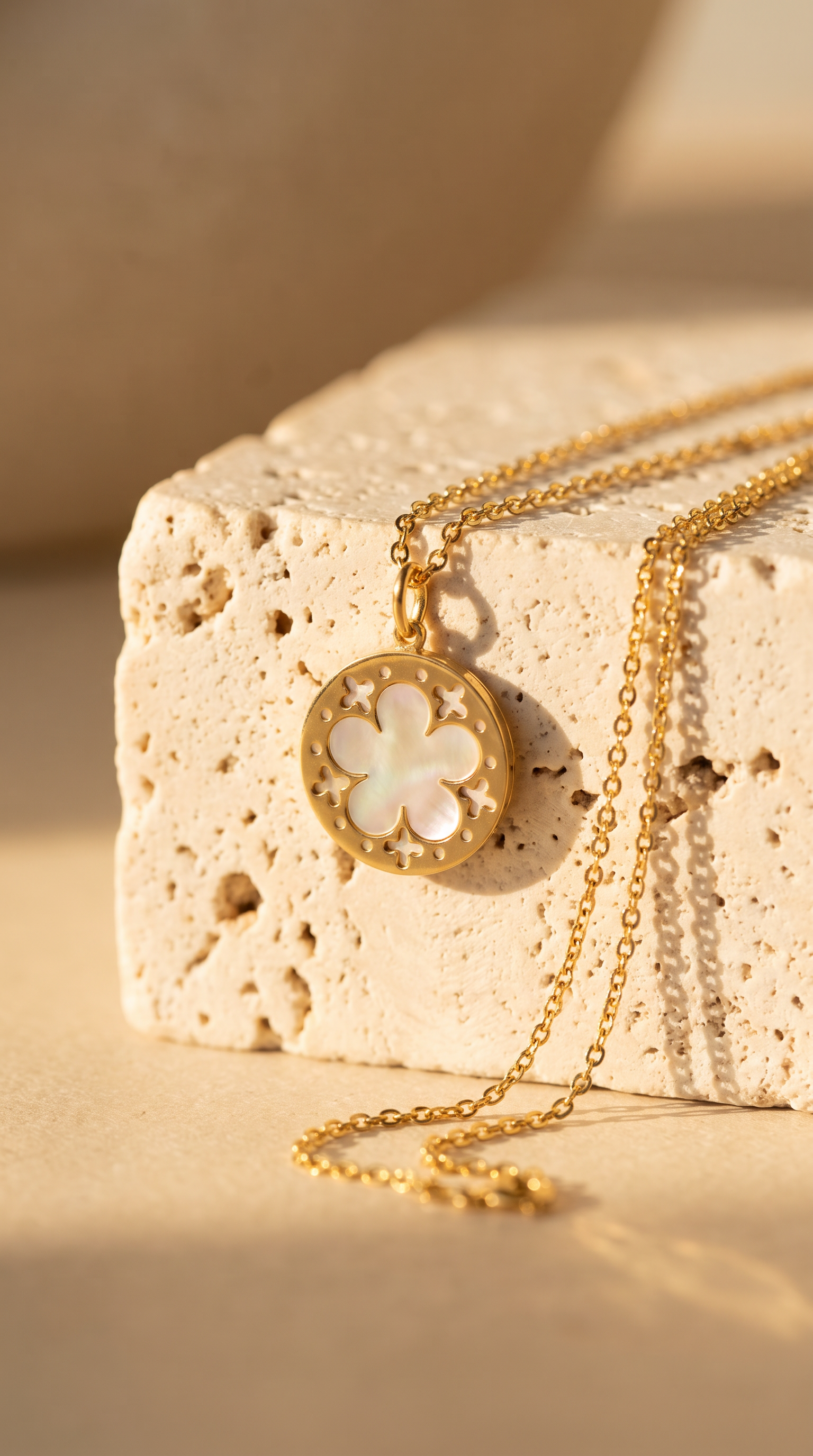 18K Yellow Gold Reversible Mother Of Pearl Flower Necklace