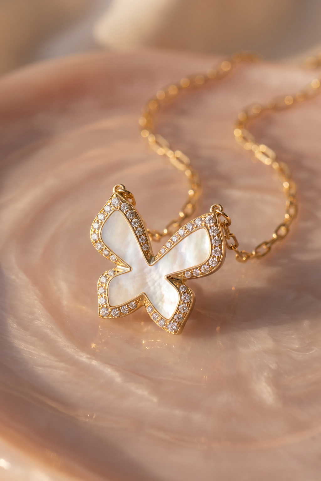 Diamond Yellow Gold Mother Of Pearl Butterfly Necklace
