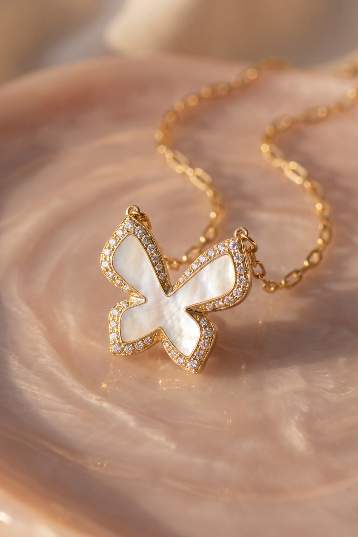 Diamond Yellow Gold Mother Of Pearl Butterfly Necklace