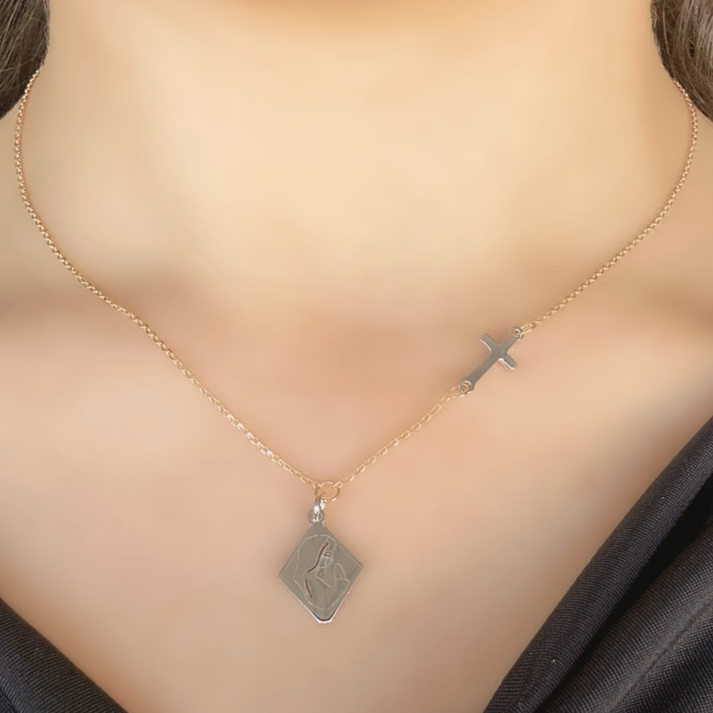 18K Gold Two Tone Cross and St. Mary Charm Chain Necklace