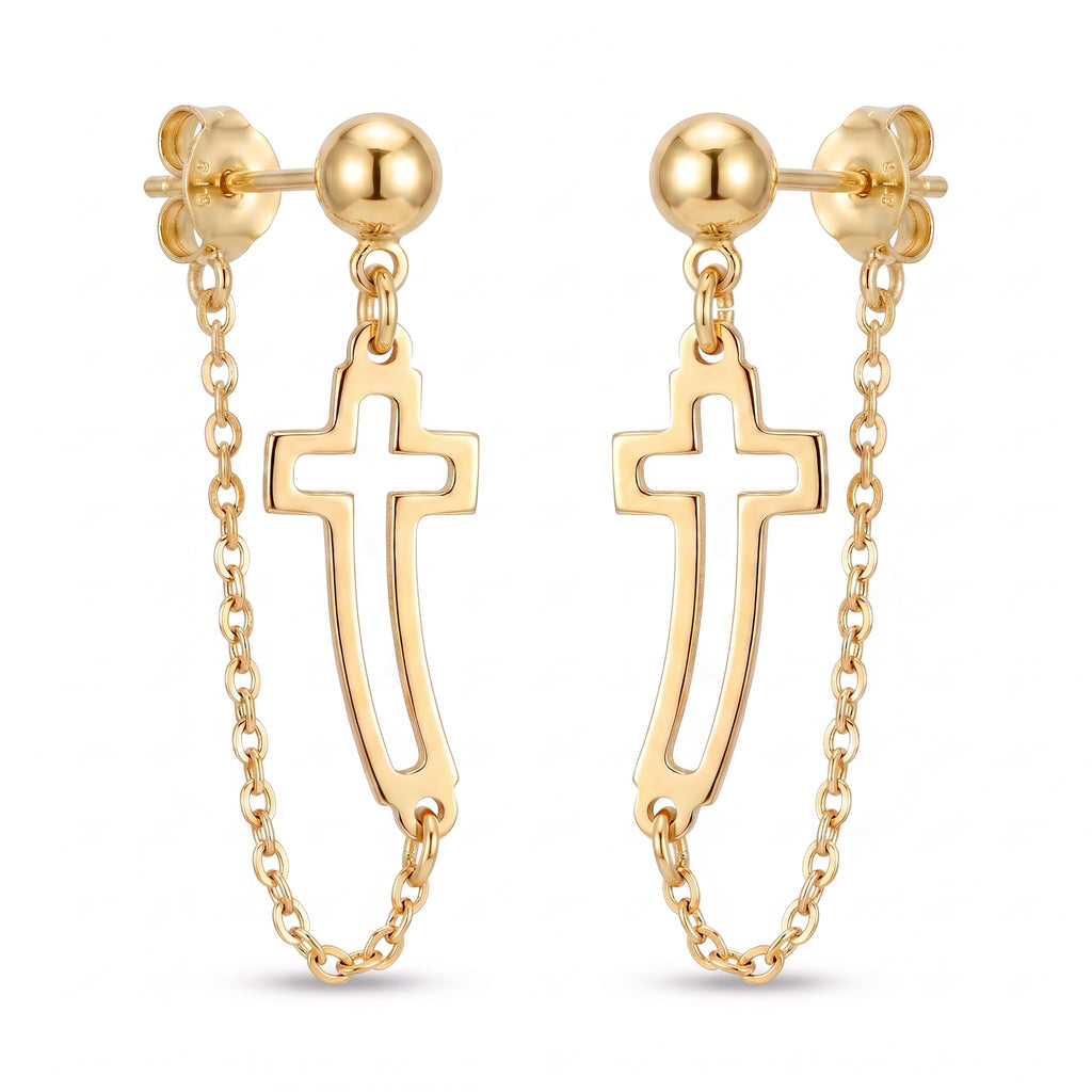 18K Yellow Gold Cross Dangle Earring