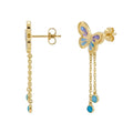 18K Yellow Gold Multicolor Mother Of Pearl Butterfly Dangle Earrings
