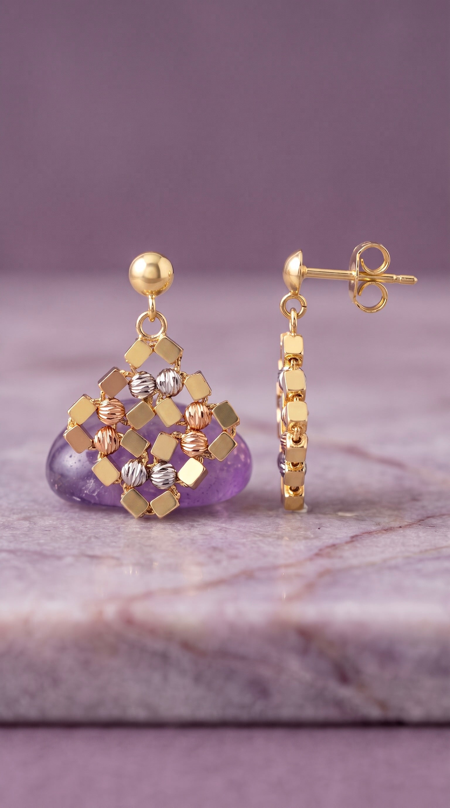 18K Multicolor Gold Beaded Drop Earring
