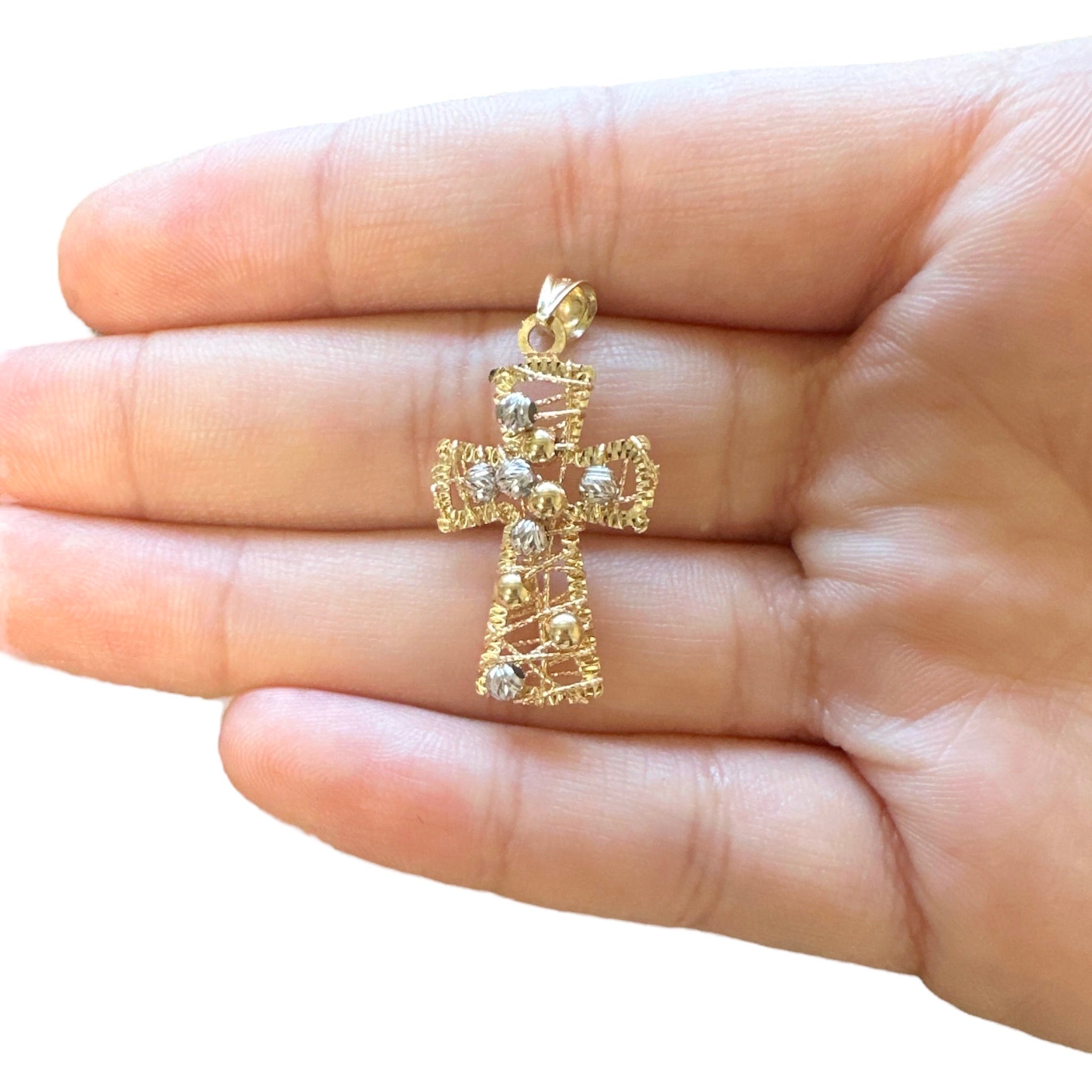 18K Two Tone Gold Small Wire Bead Cross Pendant