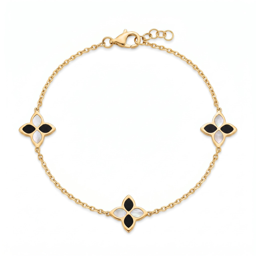 18K Yellow Gold Mother Of Pearl Onyx Chain Bracelet