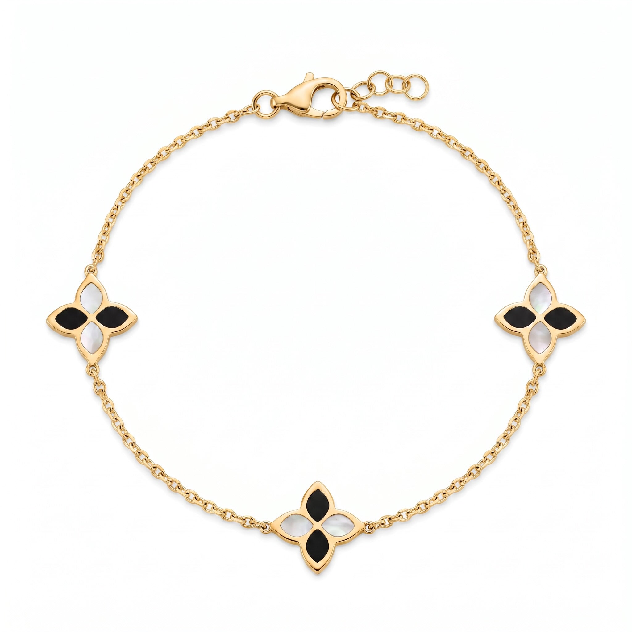 18K Yellow Gold Mother Of Pearl Onyx Chain Bracelet