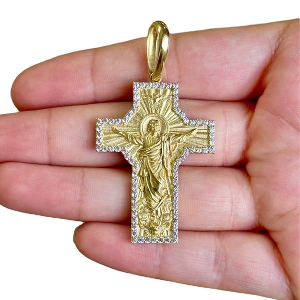 18K Gold Large CZ Jesus Cross Pendant