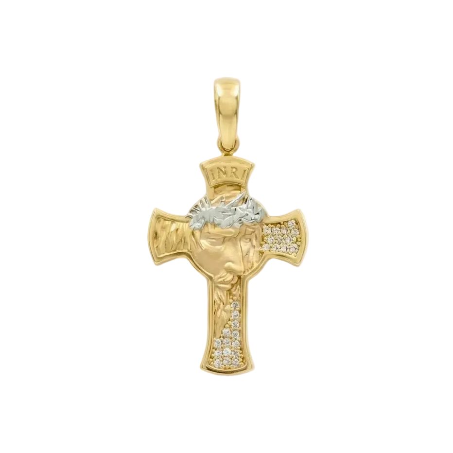 18K Gold Medium CZ Two Tone Jesus Face Cross Pendant