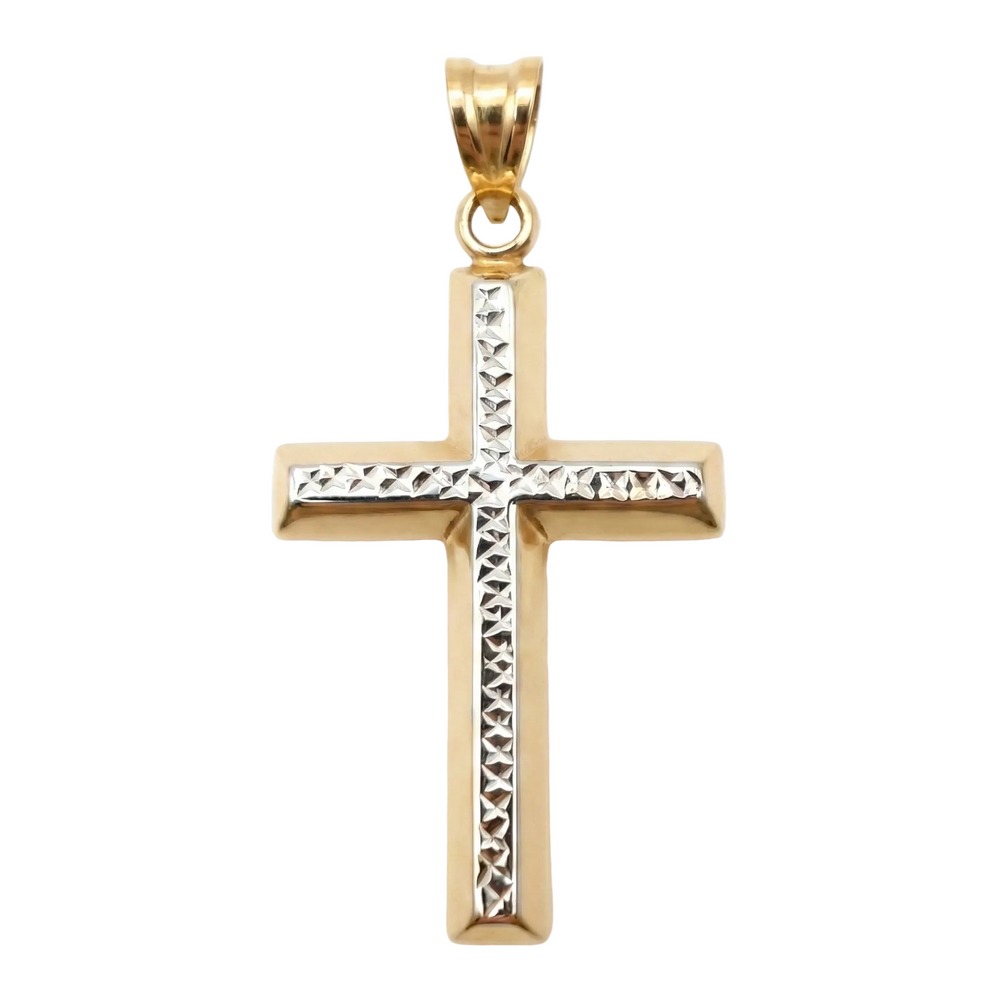 18k Gold Two Tone Diamond Cut Cross Pendant
