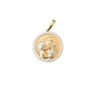 18K Gold Pendant CZ Two Tone St. Mary Icon