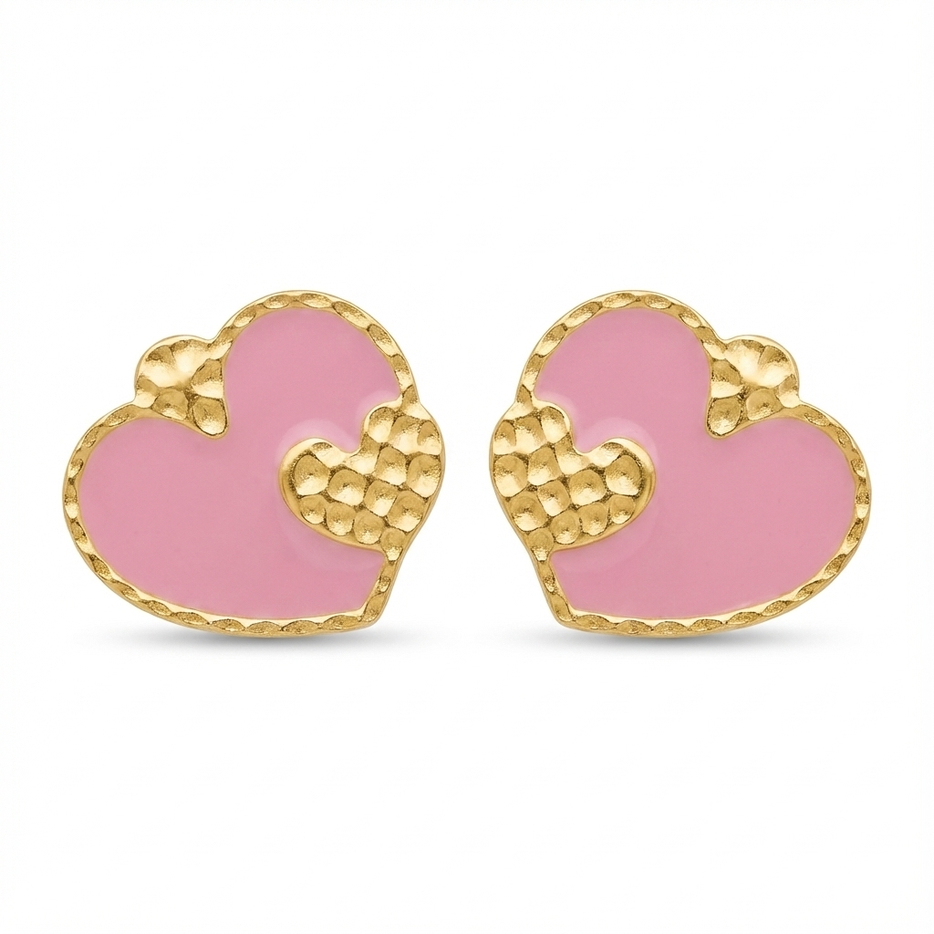 18K Yellow Gold Pink Heart Enamel Stud Earrings