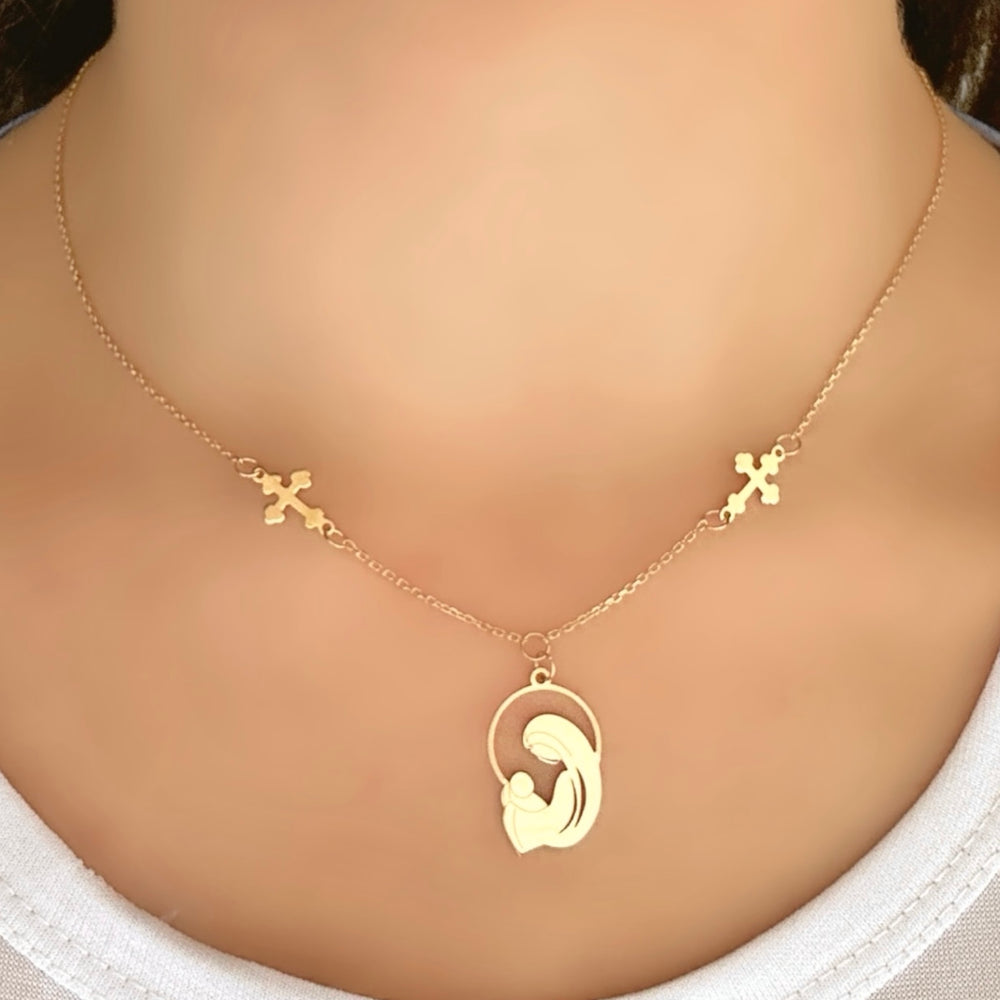 18K Gold Cross and St. Mary Necklace