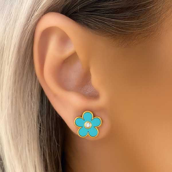 18K  Gold Natural Diamond Earrings Enamel Flower10mm