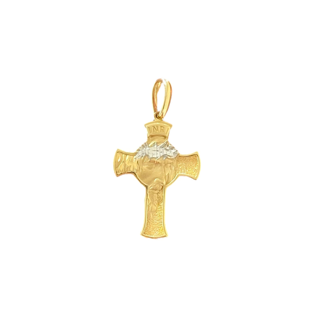 18K Gold Small Two Tone Jesus Face Cross Pendant