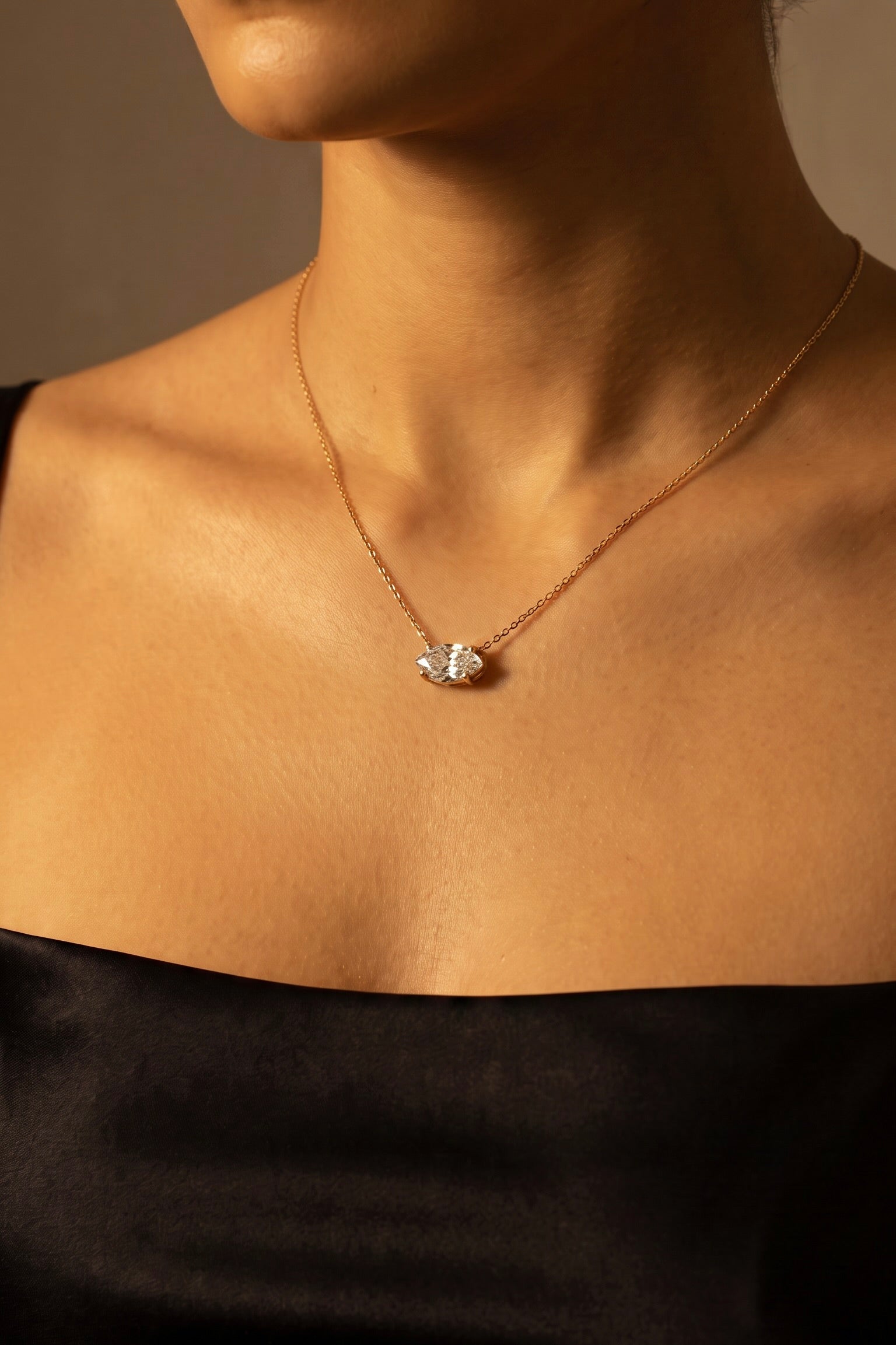 Lab Diamond Yellow Gold Marquise Solitaire Chain Necklace