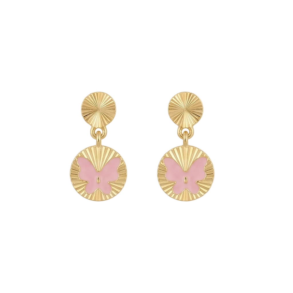 18K Yellow Gold Pink Enamel Butterfly Earrings