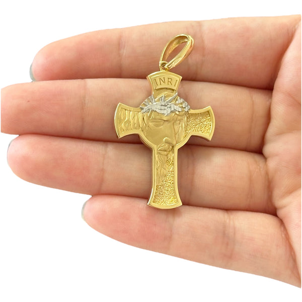18K Gold Medium Two Tone Jesus Face Cross Pendant