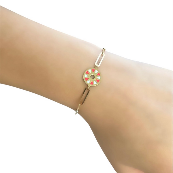 18K Gold Multicolor Neon Pink and White Enamel Circle Chain Bracelet