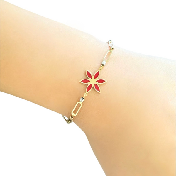 18K Gold Multicolor Red Enamel Flower Chain Bracelet
