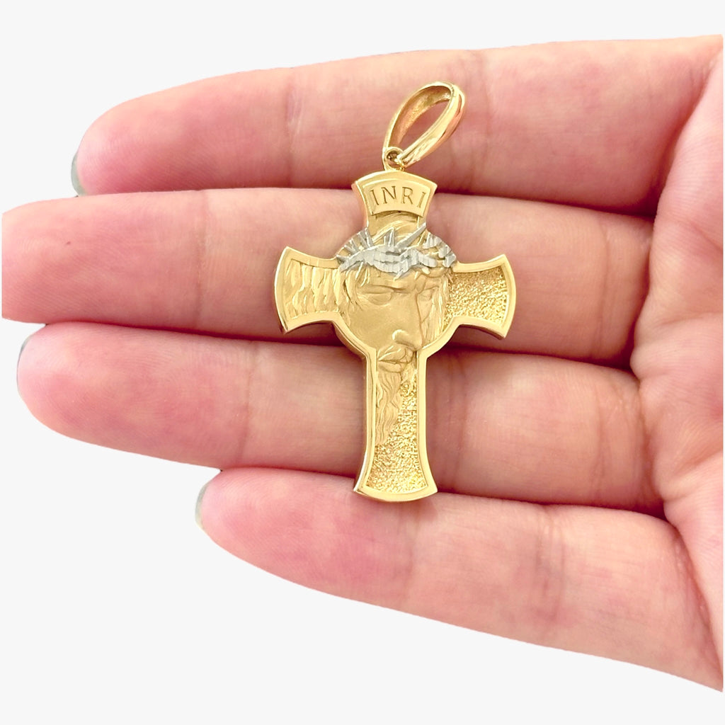 18K Gold Medium Two Tone Jesus Face Cross Pendant