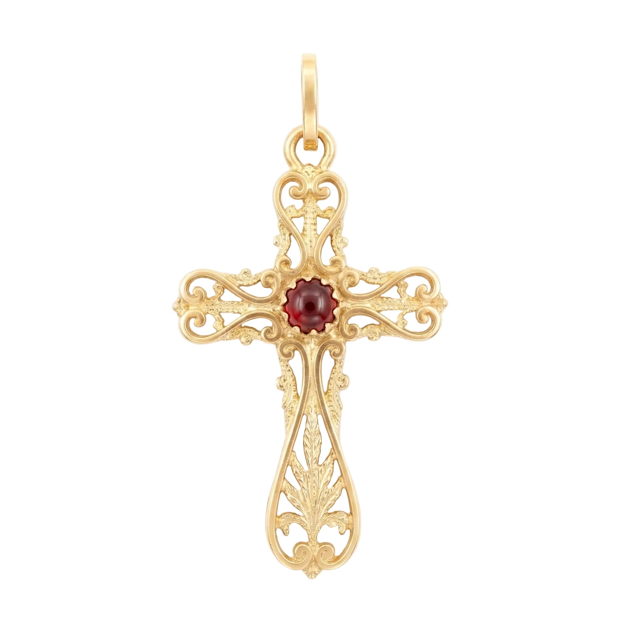 18K Yellow Gold Red Stone Cross Pendant