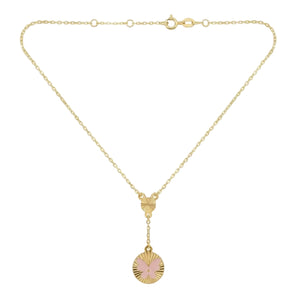 18K Yellow Gold Pink Enamel Butterfly Chain Necklace