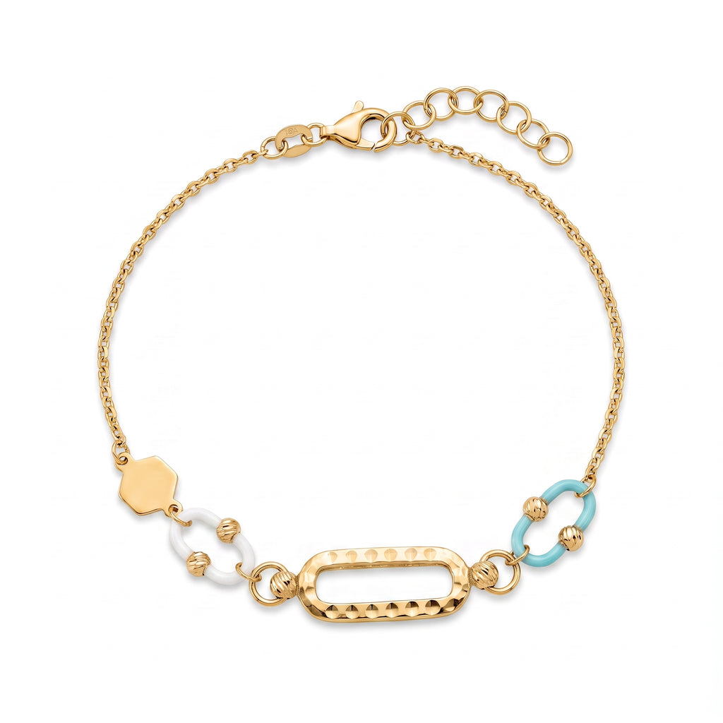 18K Yellow Gold Blue & White Enamel Chain Bracelet