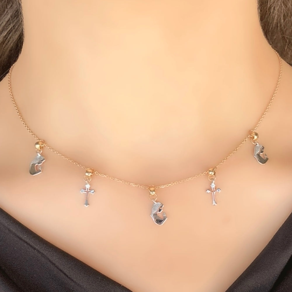 18K Gold Two Tone Cross and St. Mary Charm Chain Necklace
