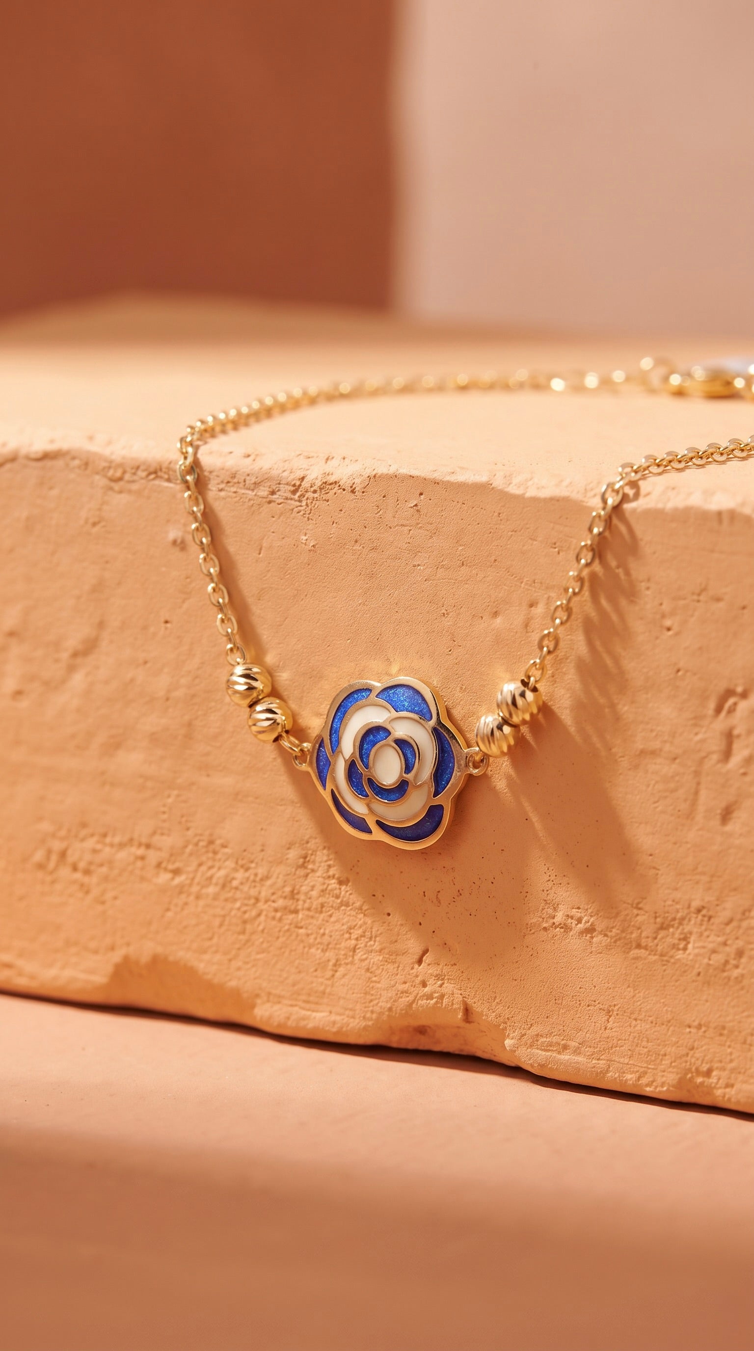 18K Yellow Gold Blue & White Enamel Rose Chain Bracelet
