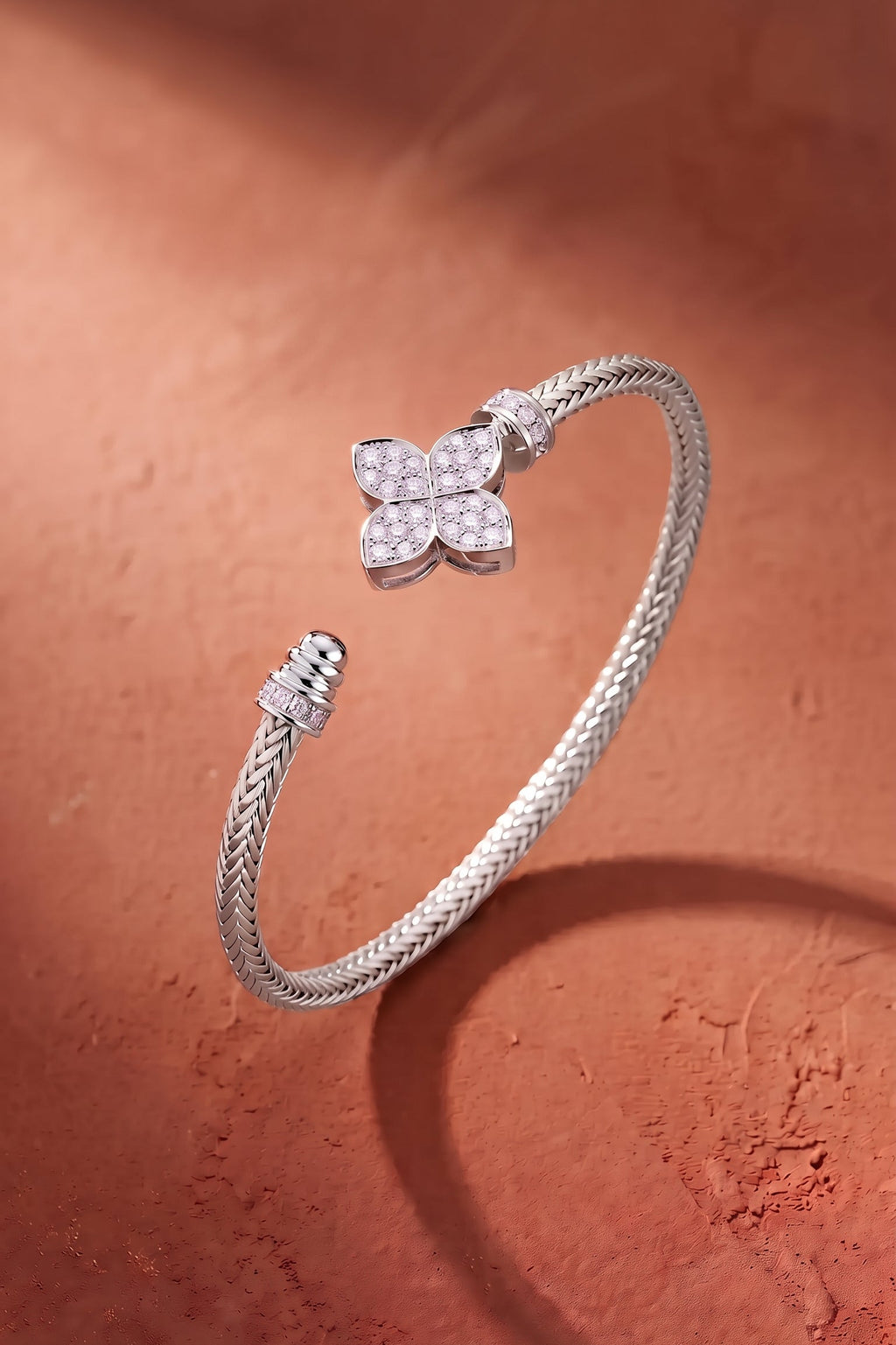 Diamond White Gold Pavé Flower Cuff Bracelet