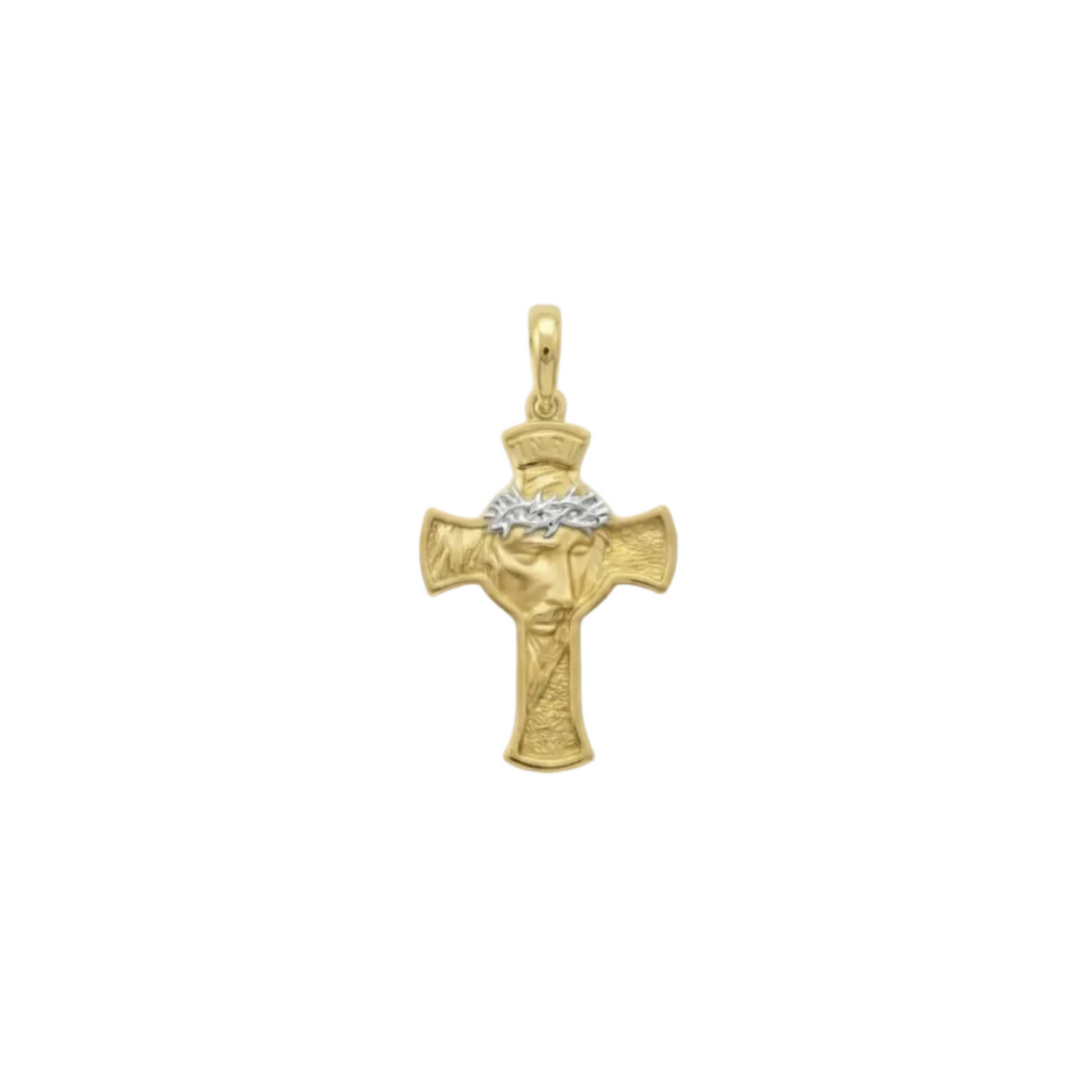 18K Gold Small Two Tone Jesus Face Cross Pendant