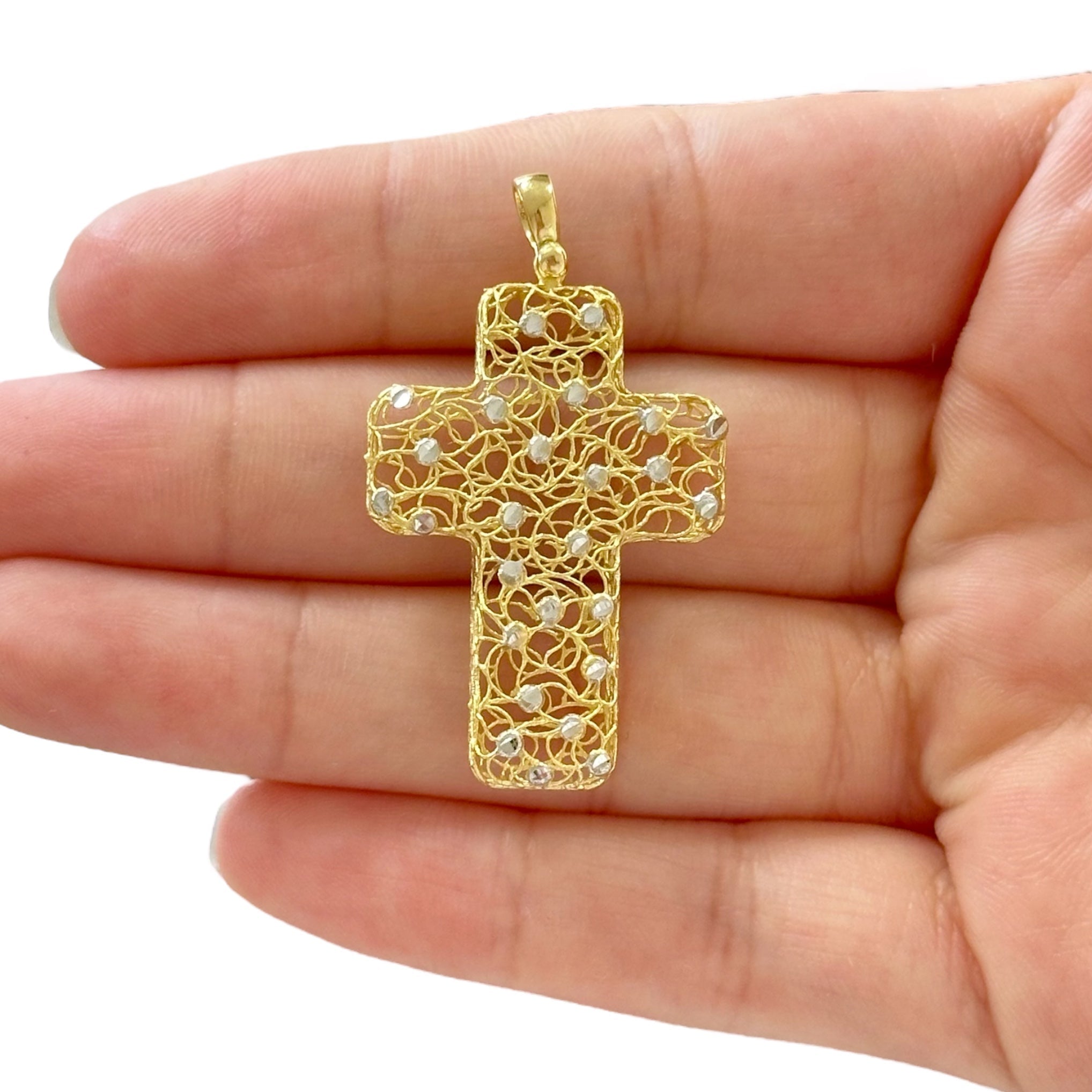 18k Gold Two Tone Filigree Openwork Cross Pendant