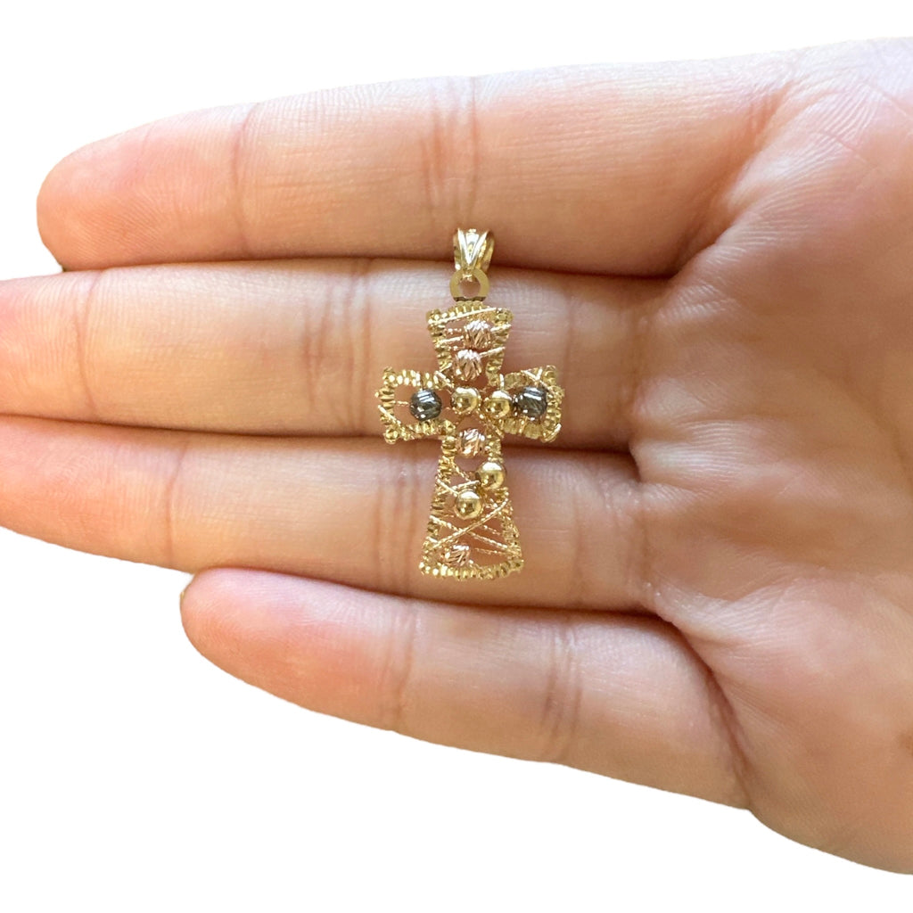 18K Multicolor Gold Small Wire Bead Cross Pendant