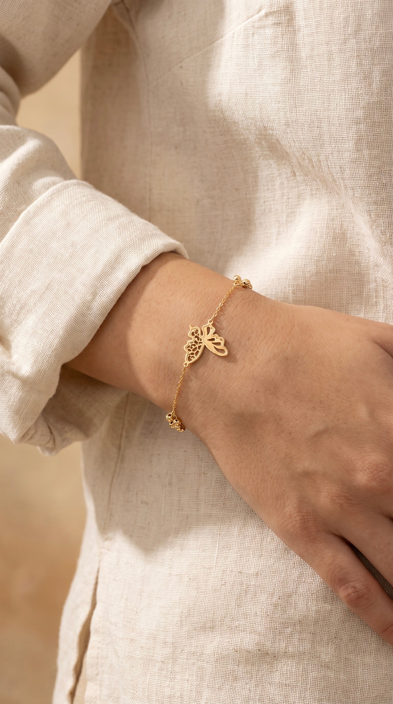 18K Yellow Gold Beaded Butterfly Chain Bracelet