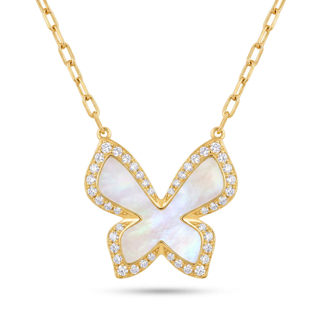 Diamond Yellow Gold Mother Of Pearl Butterfly Necklace