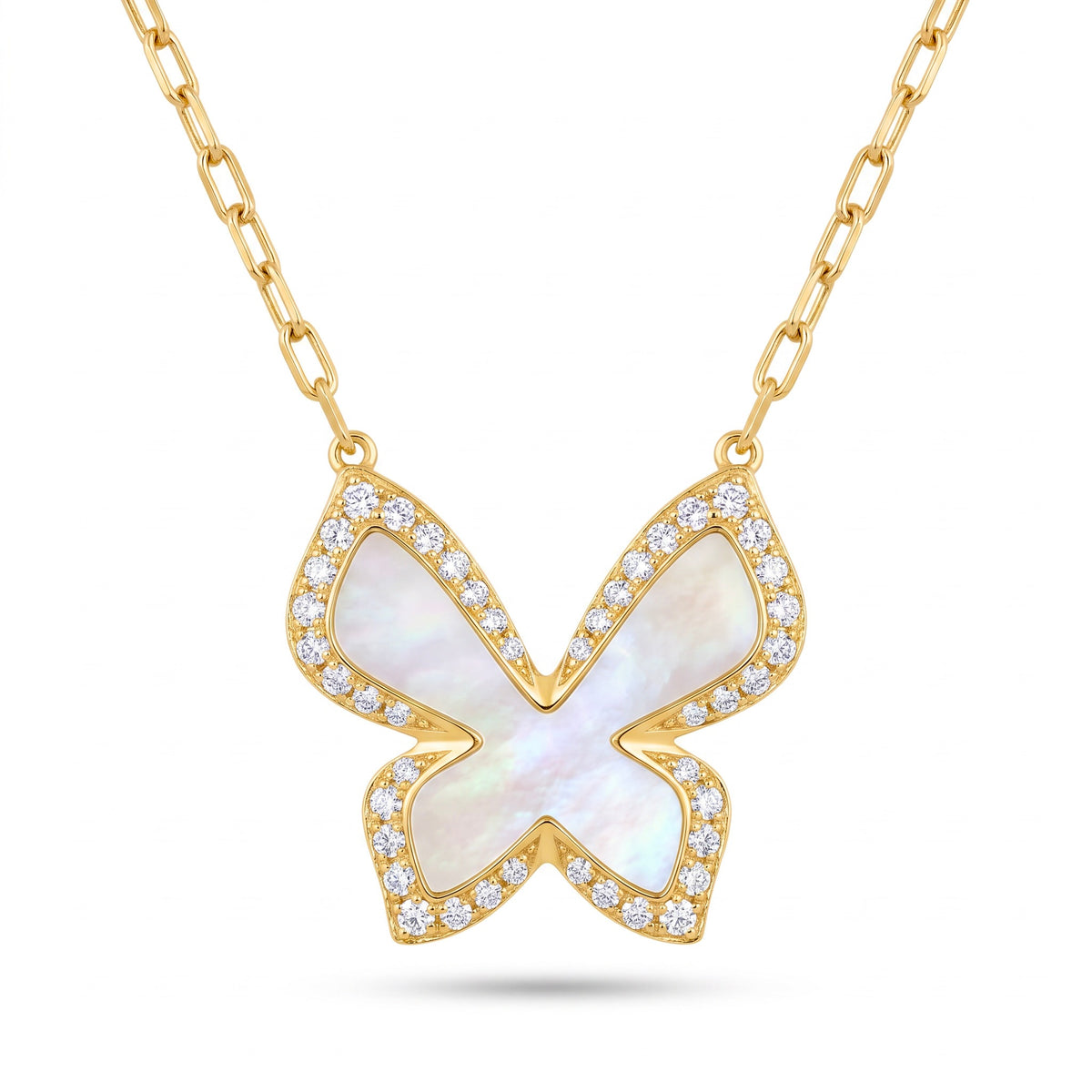 Diamond Yellow Gold Mother Of Pearl Butterfly Necklace