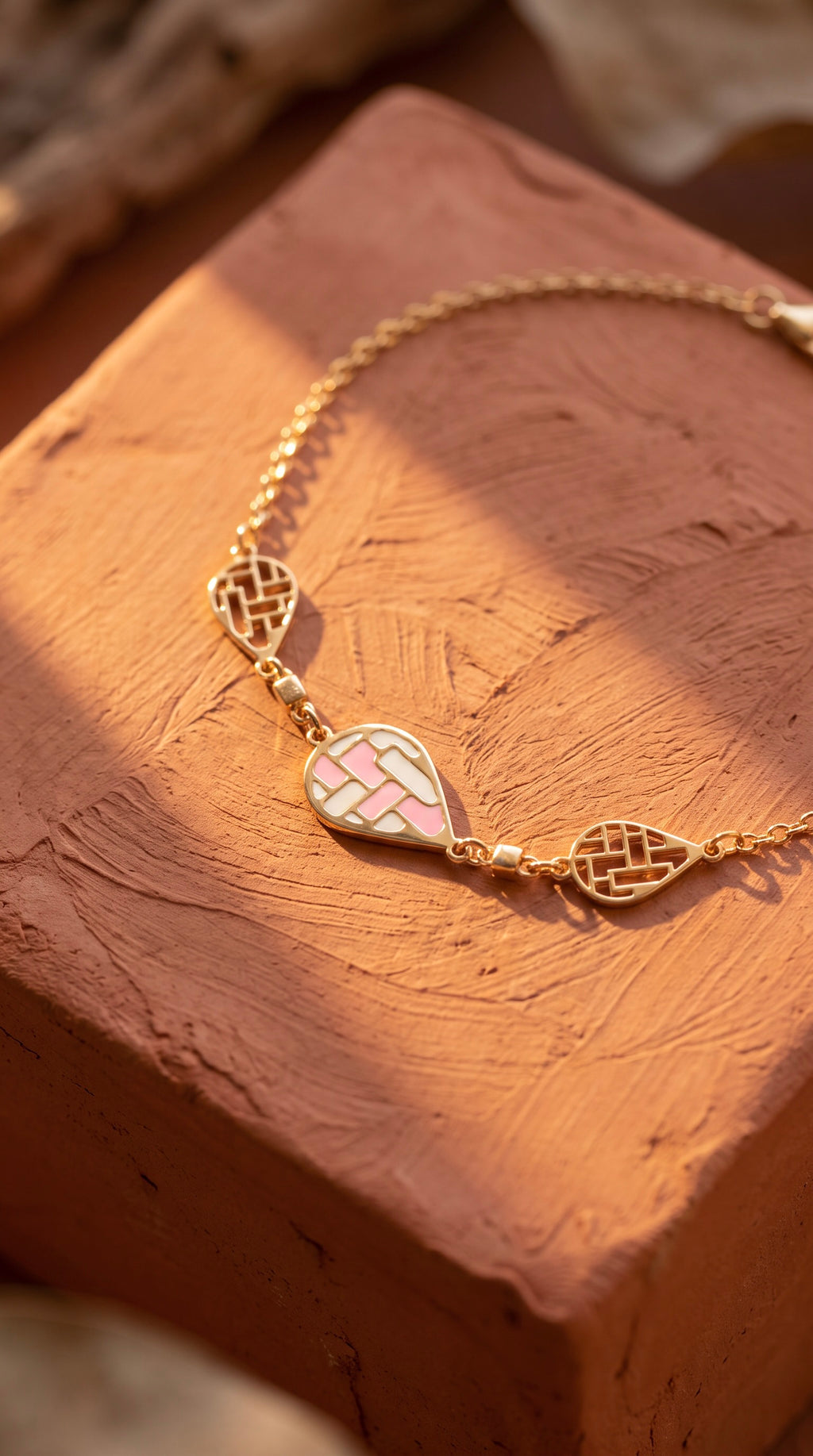18K Yellow Gold Pink & White Enamel Teardrop Chain Bracelet