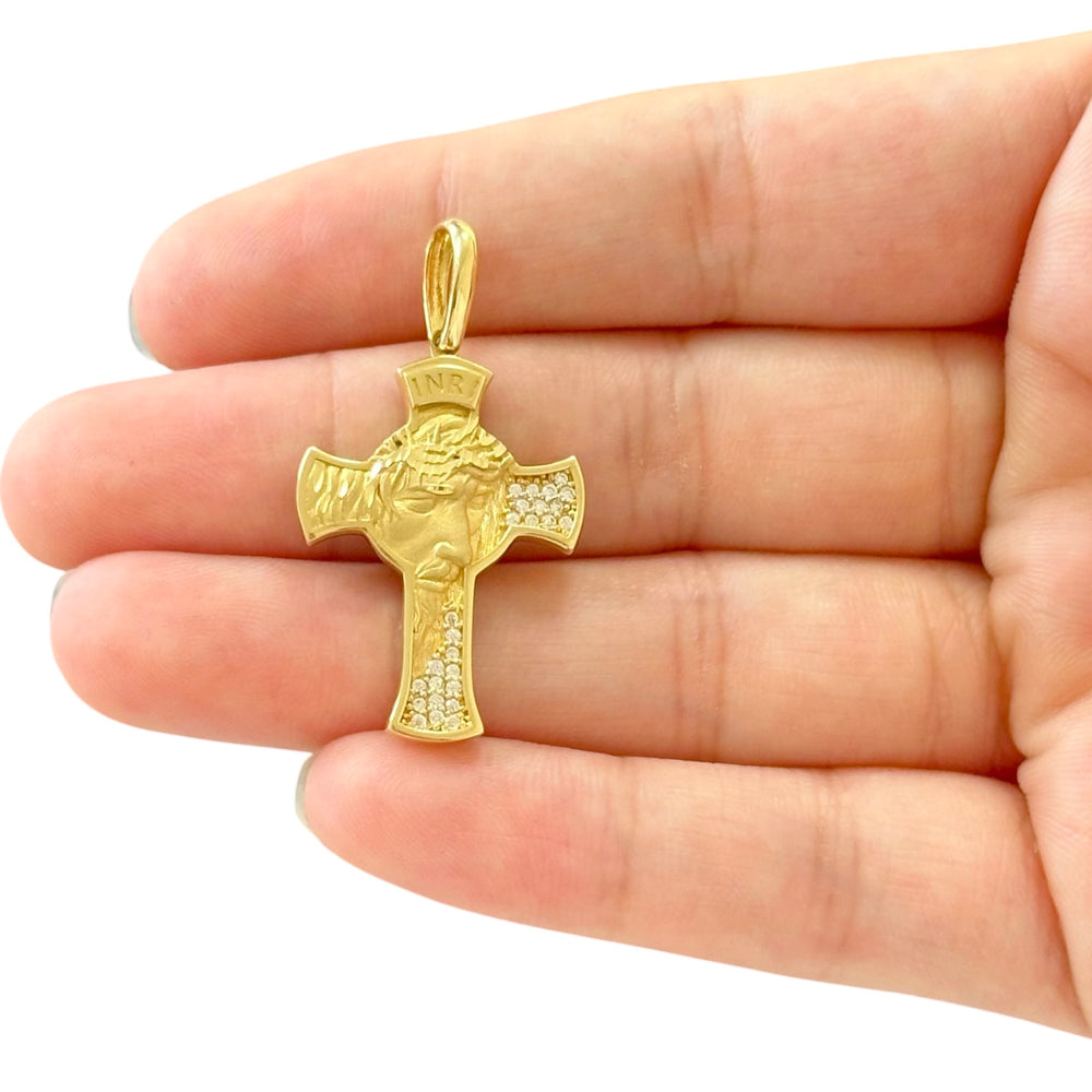 18K Gold Small Cubic Zirconia Jesus Face Cross Pendant