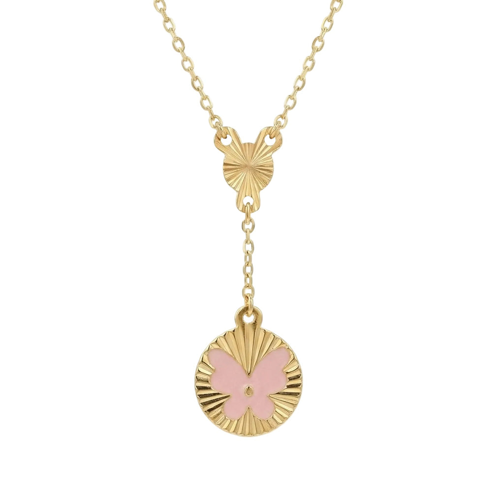 18K Yellow Gold Pink Enamel Butterfly Chain Necklace